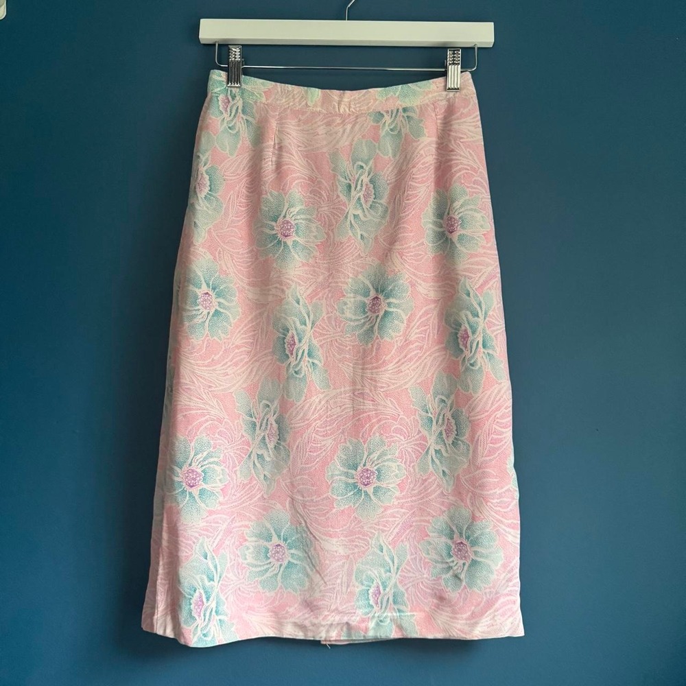 Vintage 70s Floral Pencil Skirt Women's Size XS Pink Blue Slit Retro Mod Groovy